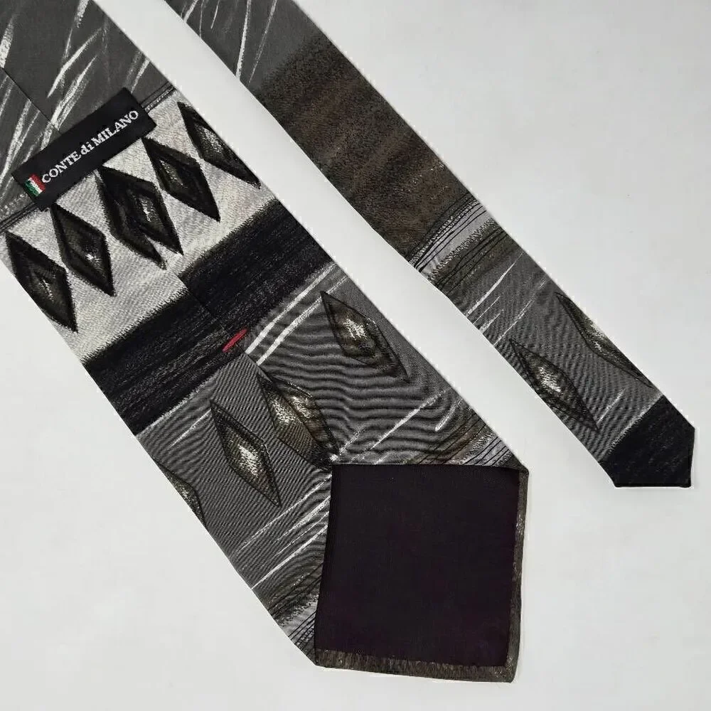 CONTE DI MILANO MADE IN ITALY SILK TIE GRAY OLIVE DIAMOND WATERCOLOR 4